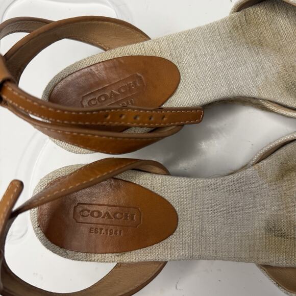 Coach Henley Beige Brown Ankle Strap Wedge Espadrille Sandals Womans 7 B Preppy - Picture 5 of 15
